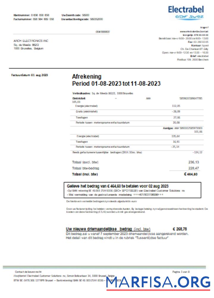 Realistic Electrabel SA electricity utility business bill, SCR template